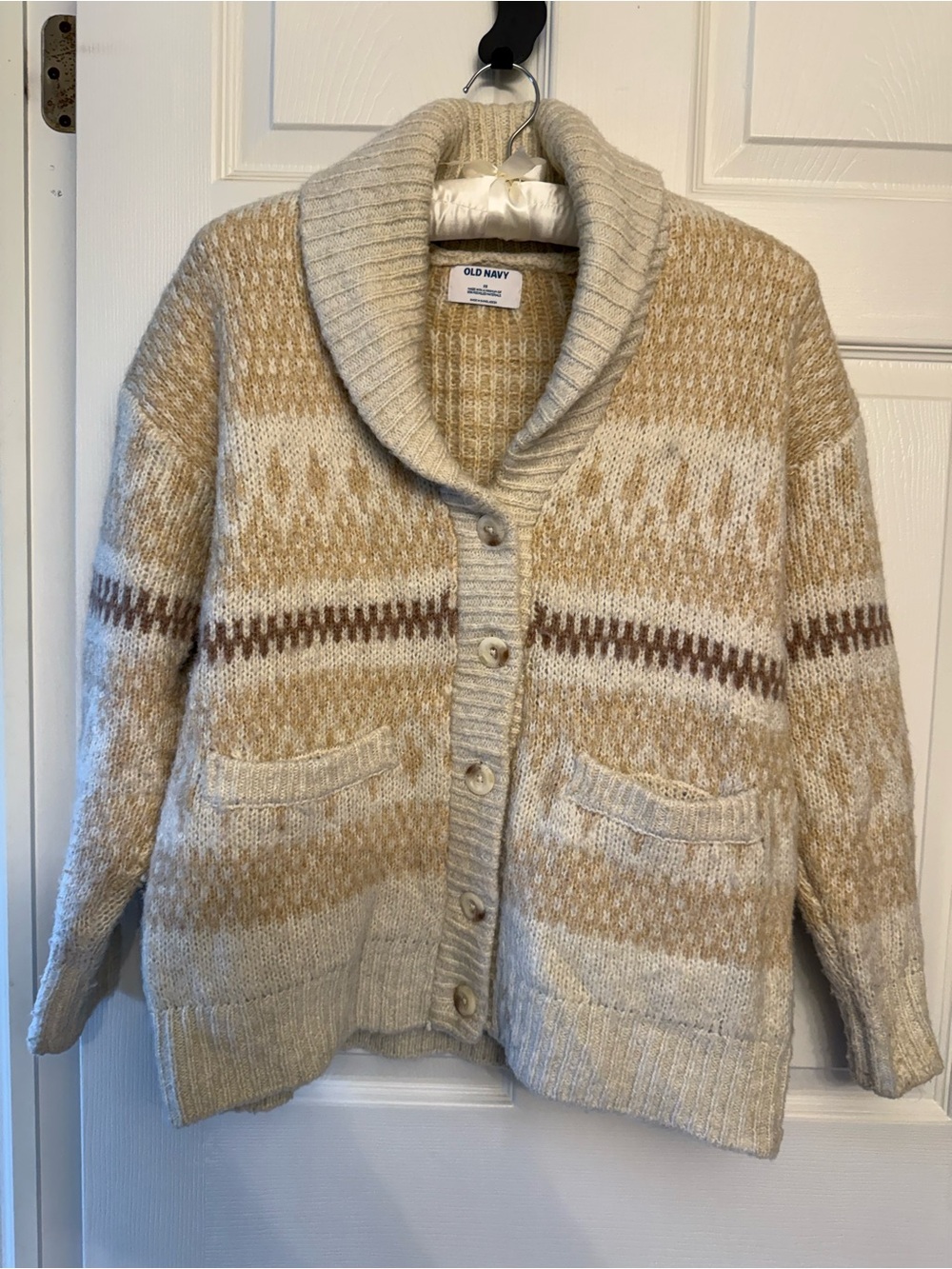 Old Navy Neutral Patterned Shawl Collar Cardigan in Beige and Cream